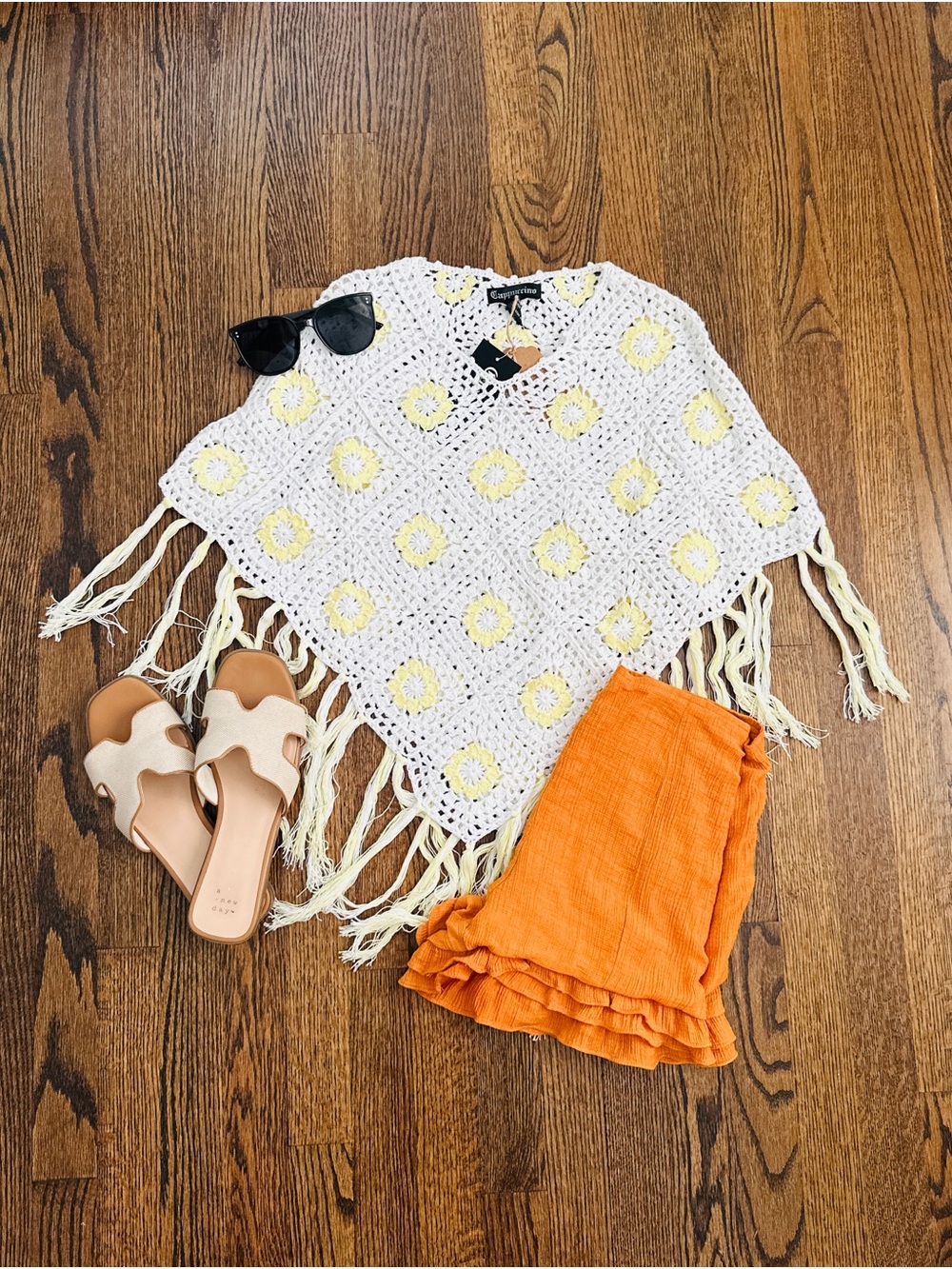 Crochet Fringe Poncho with Yellow Daisy Motifs